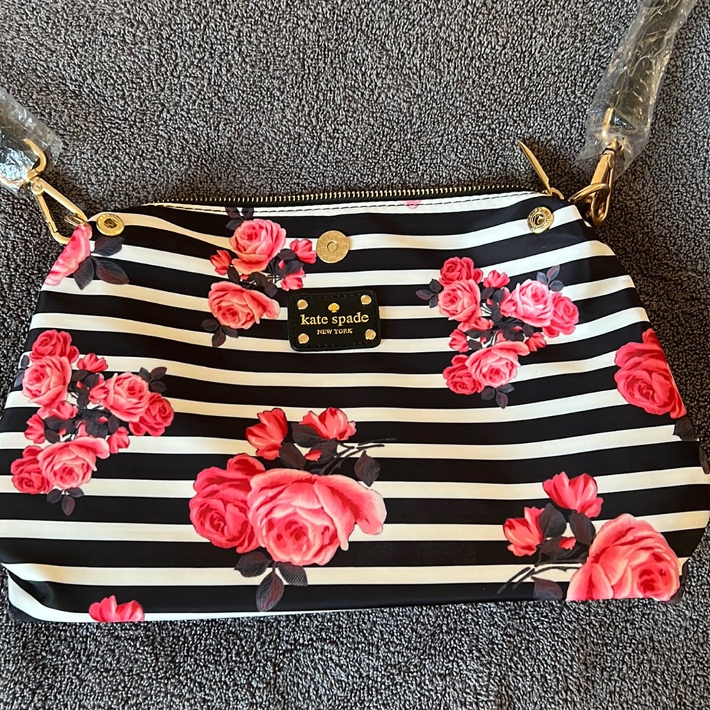 Kate Spade handbag black and white stripes with pink flowers New